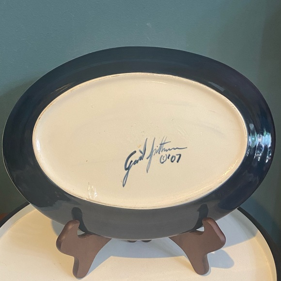 Gail Pittman Signed GAP28 12.5” Oval Platter Blue Green Dots On White 2007 - Picture 2 of 7